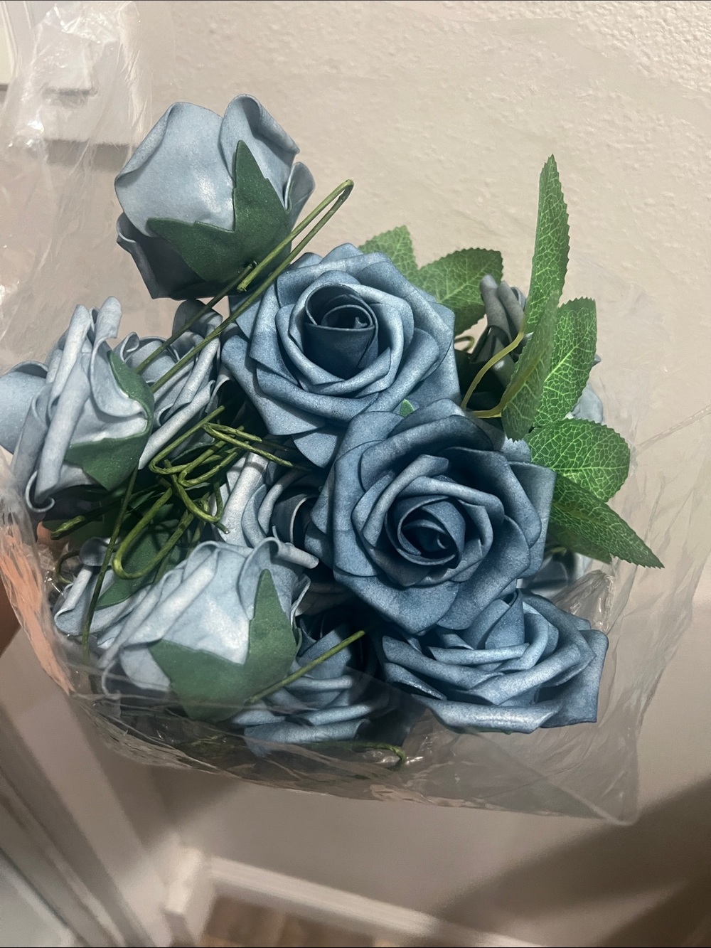 48 Faux Blue Roses with Green Leaves - Picture 5 of 7